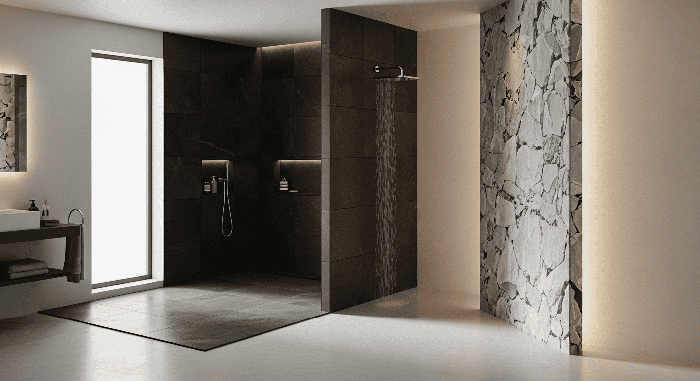 En arkitekttegning eller 3D-skisse av et moderne baderom med fokus på planløsning