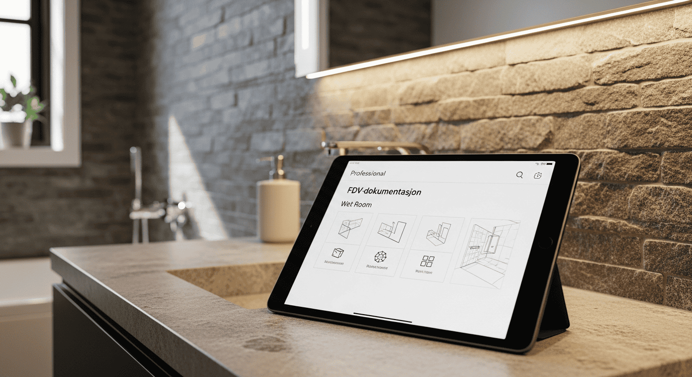 Et bilde av en perm eller et digitalt nettbrett som viser FDV-dokumentasjon for et våtrom