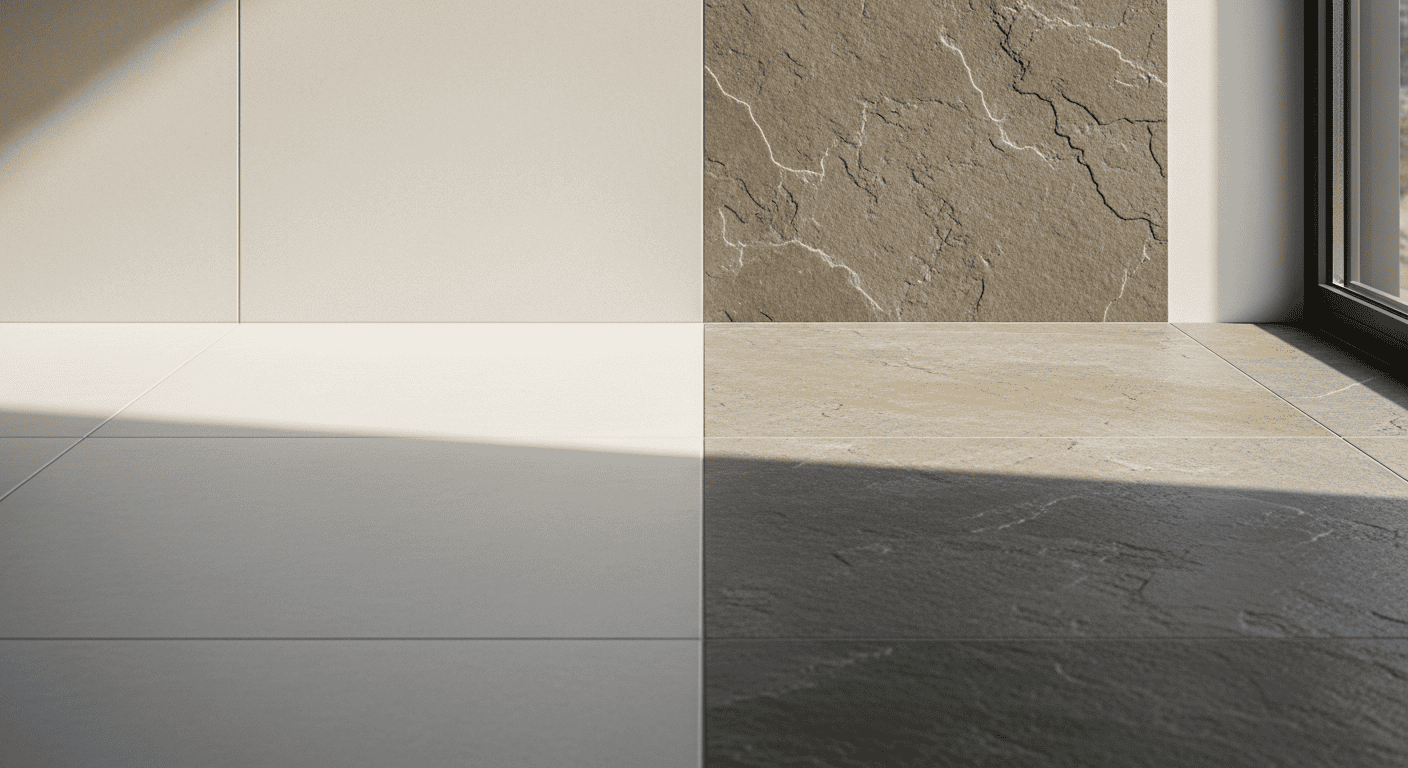 Et bilde som sammenligner moderne keramiske fliser med klassiske natursteinsfliser