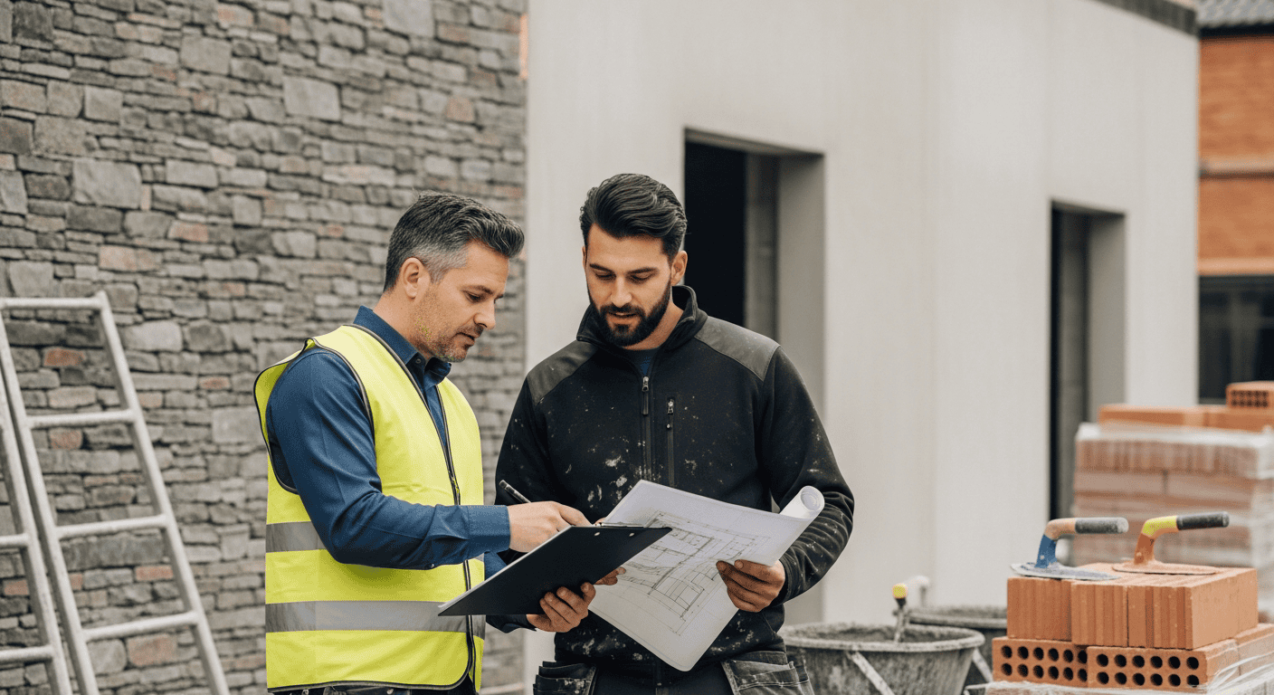 Et bilde som viser en prosjektleder som diskuterer tegninger med en murer på en byggeplass