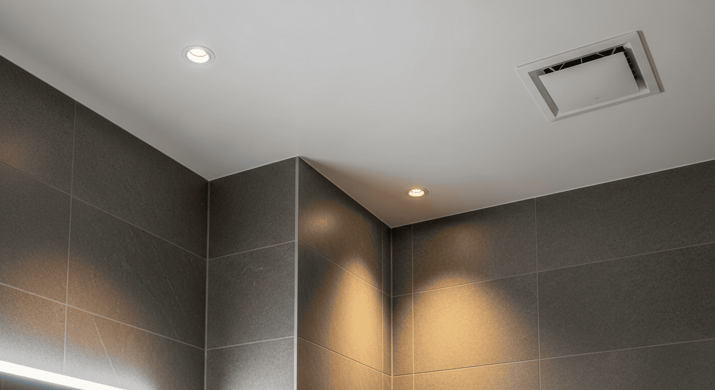 Et bilde som viser integrerte LED-spots i et baderomstak og en moderne baderomsvifte