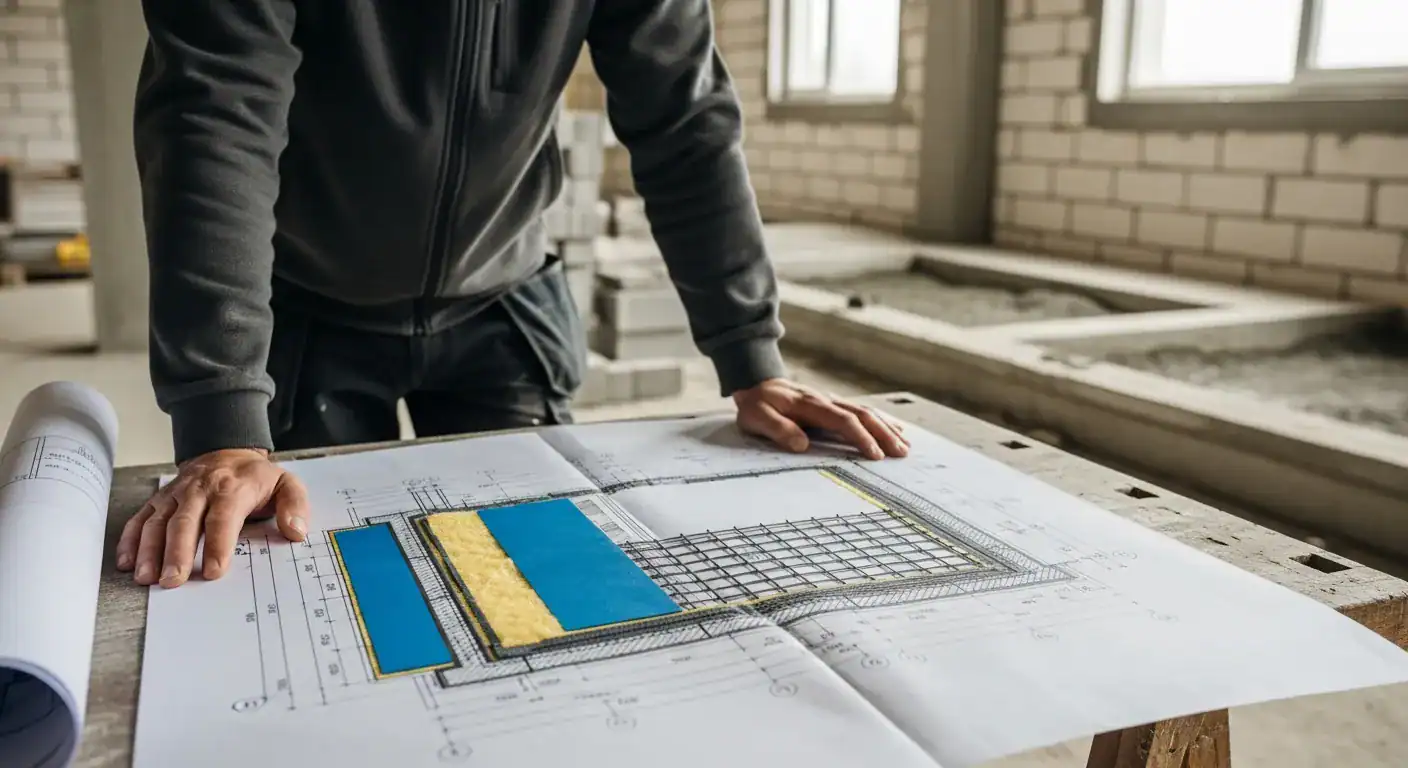En murmester som går over en tegning av et gulvlag med isolasjon, radonsperre og armering