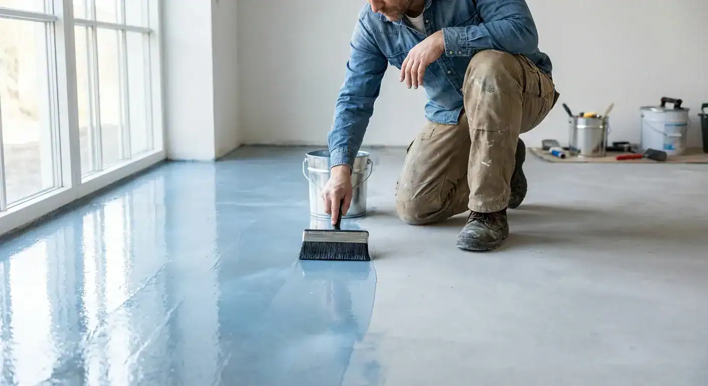 En profesjonell håndverker som bruker en bred kost til å påføre blålig primer på et rent betonggulv før avretting