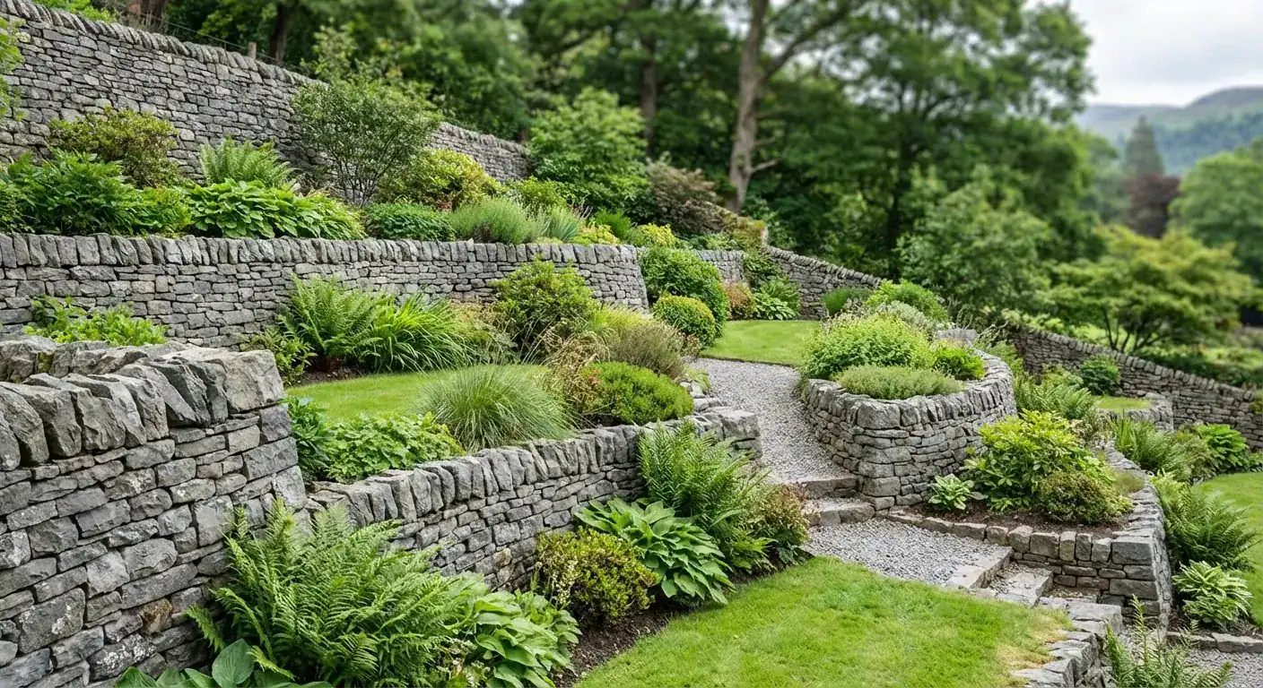 En vakker støttemur av naturstein som terrasserer en bratt hage med grønne planter