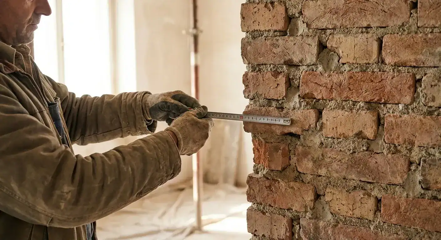 En faglært håndverker som måler tykkelsen på en gammel murvegg før isolering