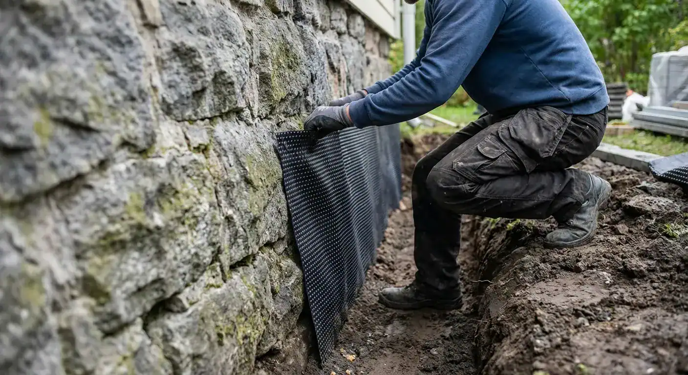 En profesjonell murer som monterer fuktsperre og dreneringsplater mot en gammel grunnmur av stein