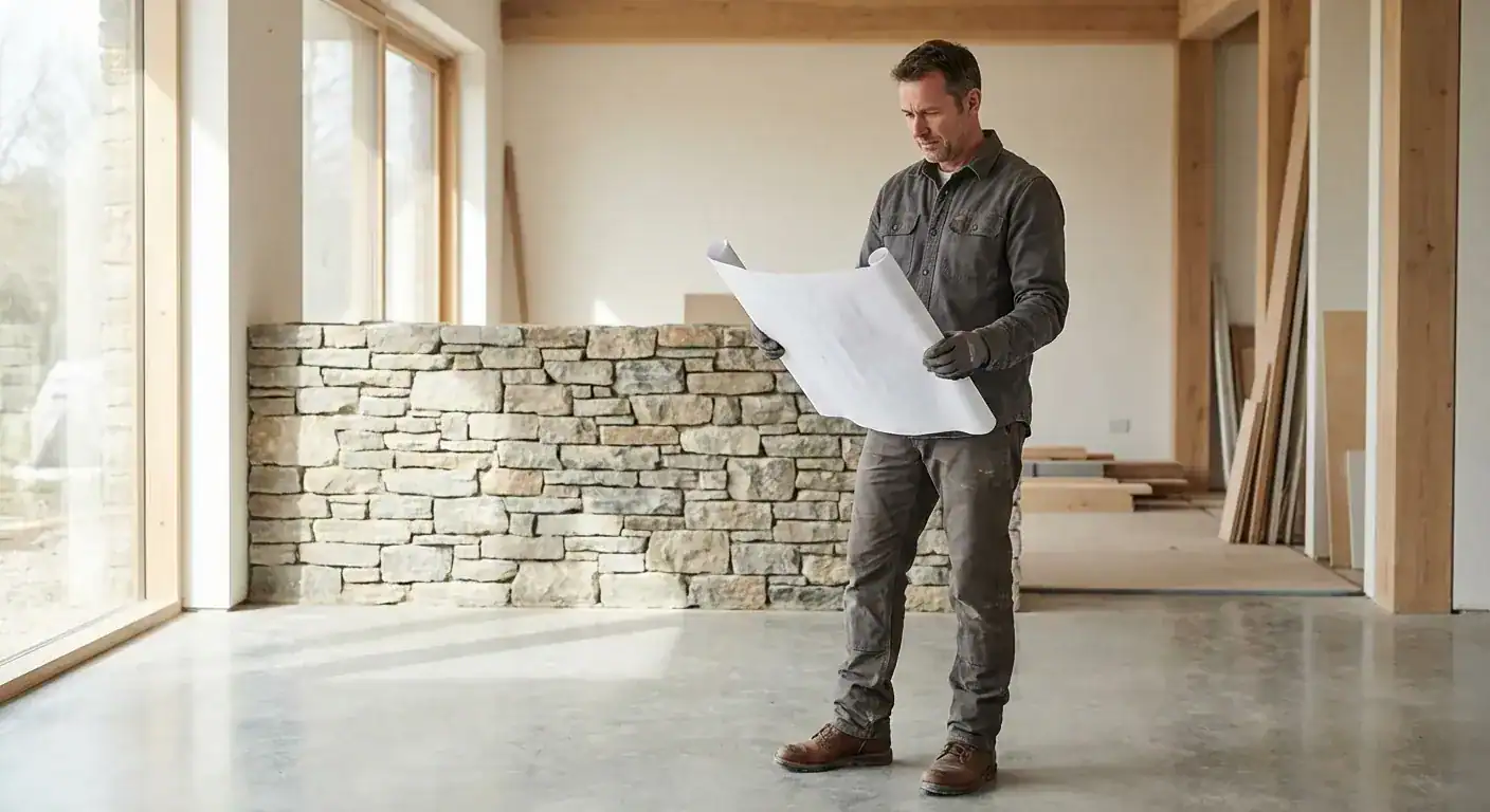 En profesjonell håndverker i arbeidsklær som studerer en detaljert arkitekttegning over en åpen byggeplass innendørs