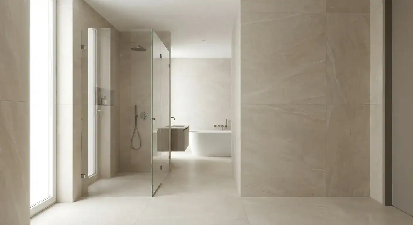 Et moderne baderom med store, lyse fliser som dekker både vegger og gulv i naturlig dagslys