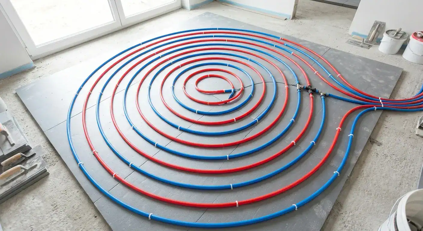Blue and red heating pipes laid out in a precise spiral pattern on grey insulation before concrete pouring