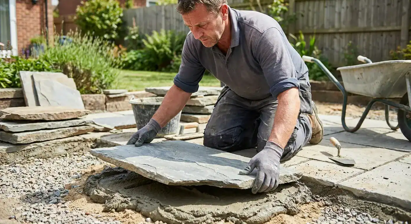 En profesjonell murer som nøyaktig tilpasser en stor bruddskifer på en klargjort uteplass i dagslys