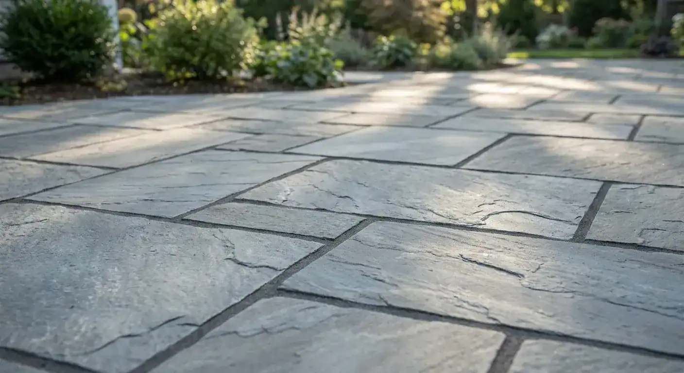 A close-up photo of clean, grey slate stones with tight, professional grout lines in a garden path