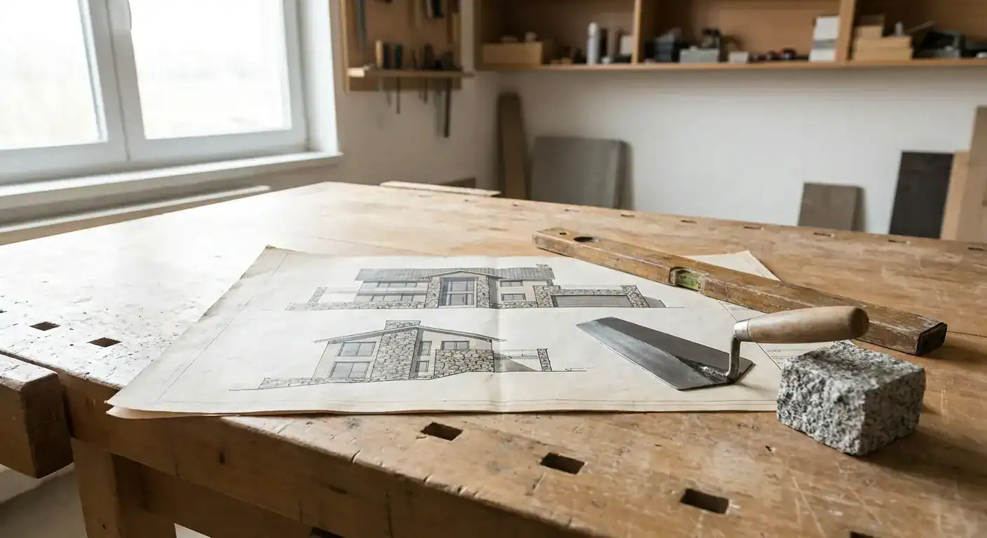 En profesjonell arkitekttegning av en moderne bolig som ligger flatt på et arbeidsbord ved siden av en murers verktøy