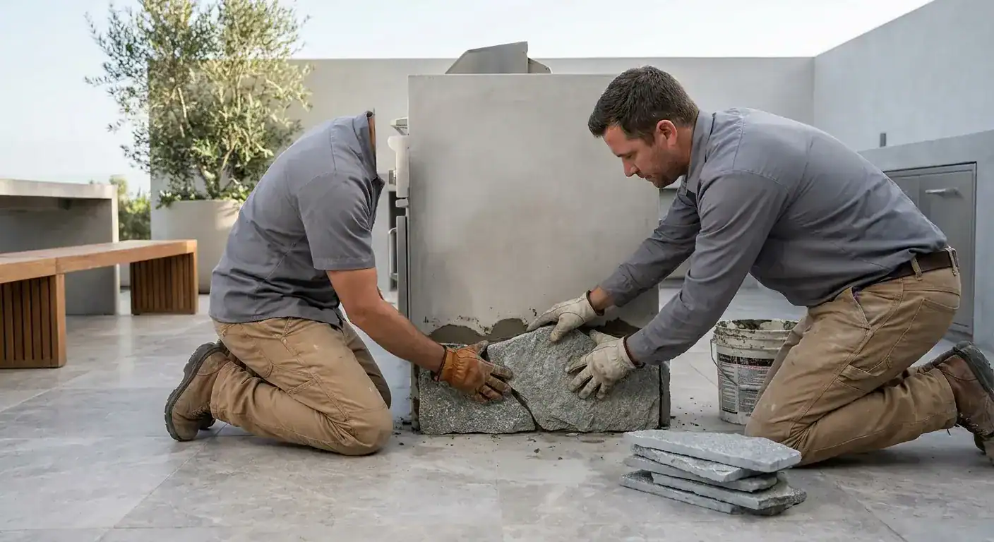 A professional mason applying grey stone veneer to an outdoor kitchen island base