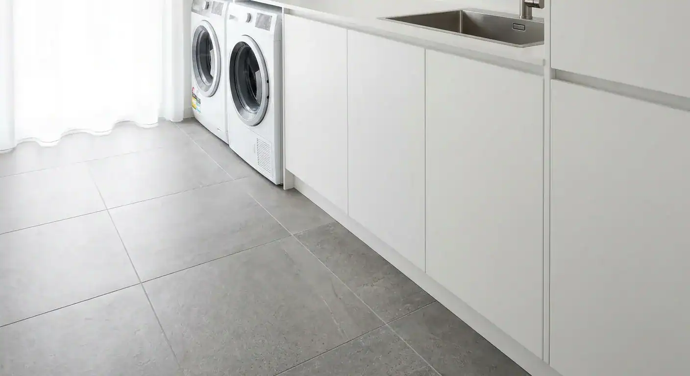 A modern, bright laundry room with grey floor tiles and white cabinetry