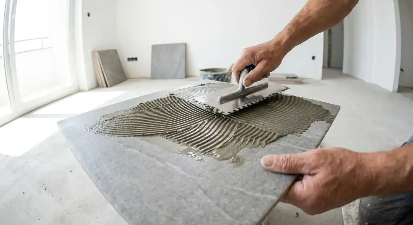 A professional mason applying adhesive to the back of a large grey ceramic tile