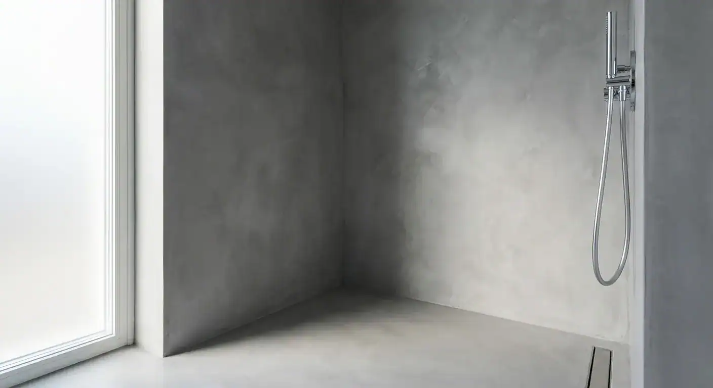 A close-up of a smooth, grey microcement surface in a modern shower corner