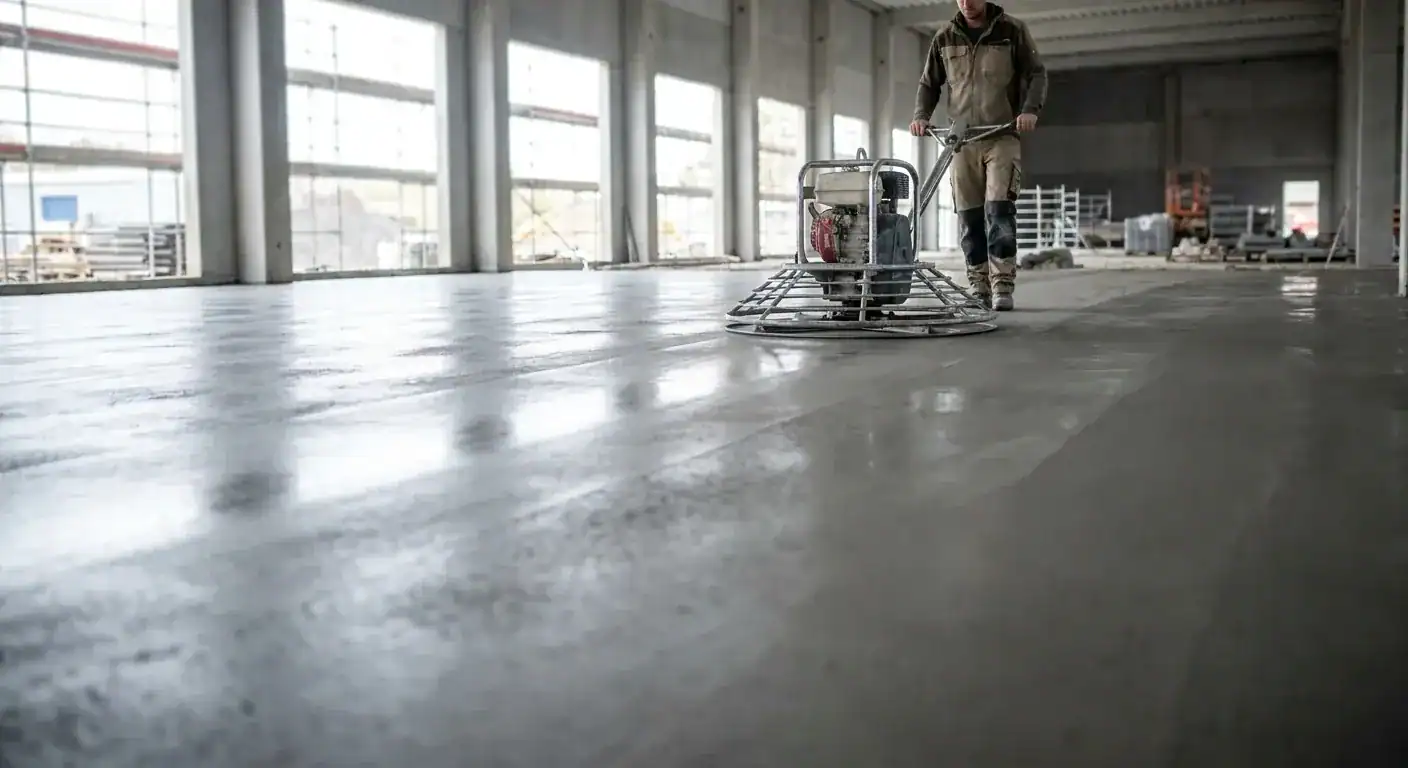 En profesjonell murer som bruker en stor helikoptermaskin for å glatte en våt betongflate i et moderne nybygg