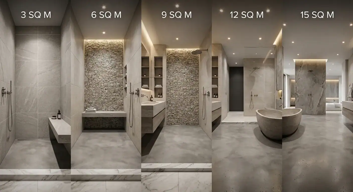 En grafisk fremstilling som viser prisutviklingen basert på baderommets størrelse fra 3 til 15 kvadratmeter.