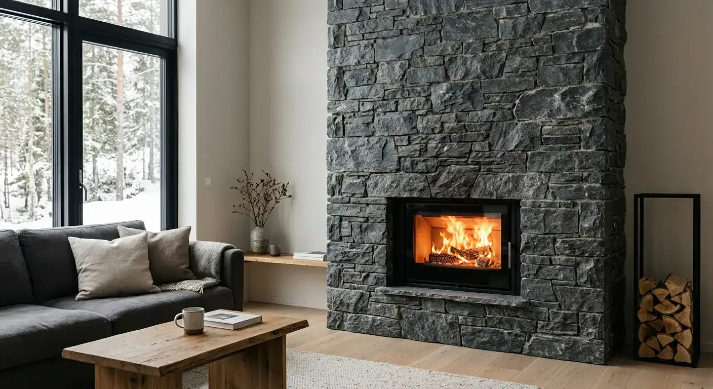 A beautifully crafted fireplace made of dark grey slate stone with natural uneven textures, featuring a built-in modern wood stove with glowing flames inside a cozy Norwegian living room