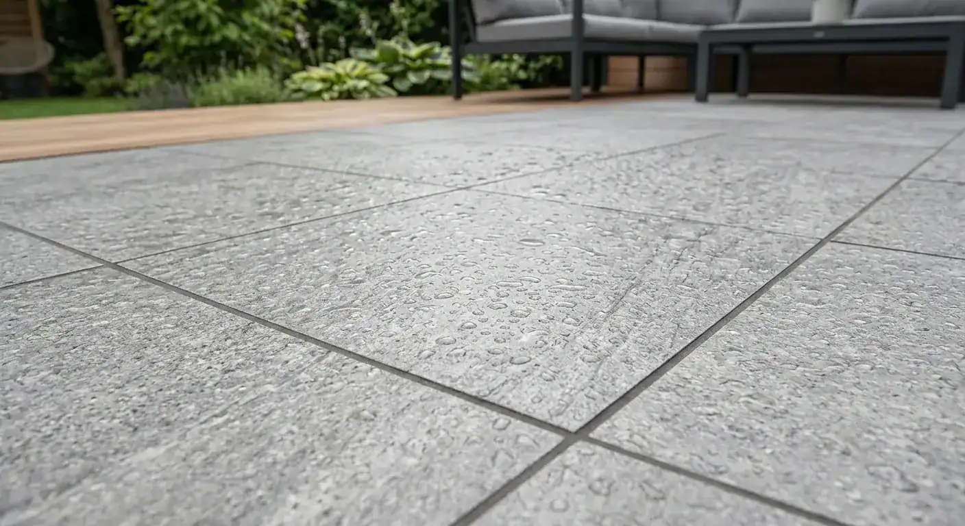 Close-up of high-quality porcelain outdoor tiles with water droplets on the textured surface, showing a non-slip finish