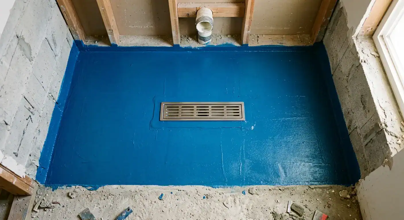 A clean, modern bathroom under construction showing a flawlessly applied, continuous blue liquid waterproofing membrane on the floor and walls, highlighting the tight seal around a modern floor drain