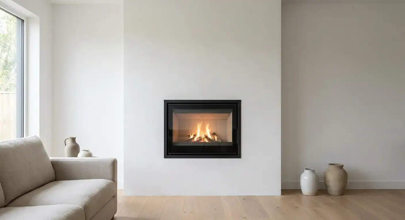 En moderne peisinnsats montert i en slett, hvitpusset murvegg i en lys stue