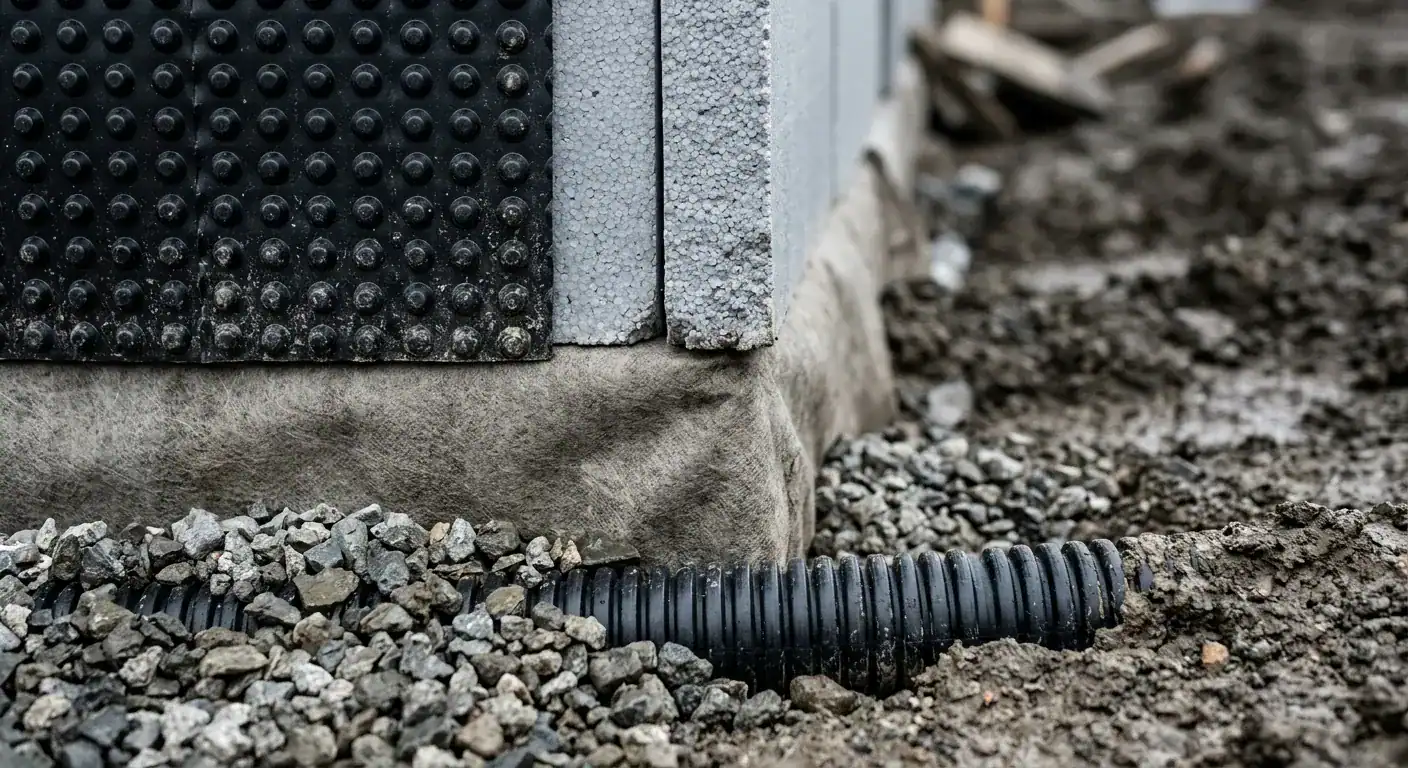 En detaljert profil av en grunnmur under arbeid, hvor man ser lagene med knasteplast, tykke isolasjonsplater av EPS, fiberduk og pukk i bunnen ved drensrøret