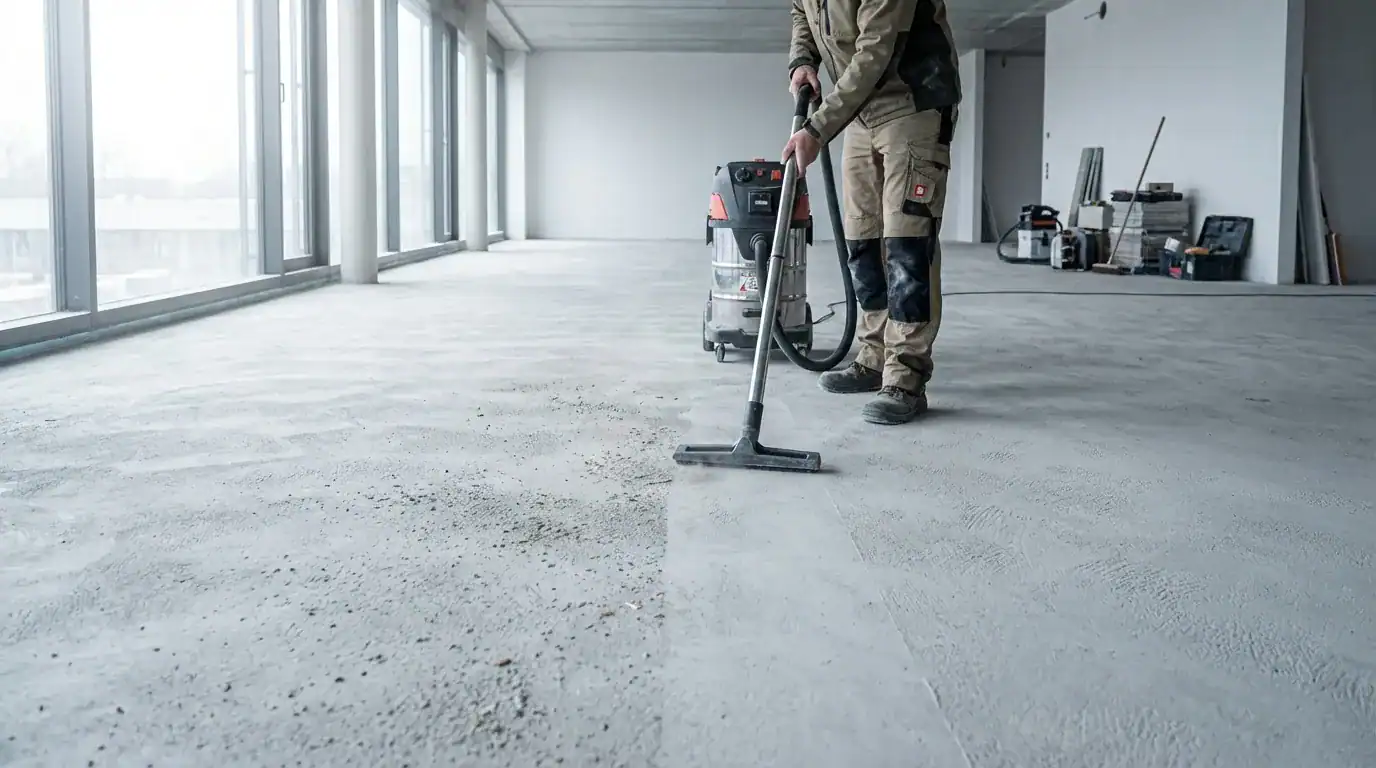 En profesjonell murer som bruker en industriell støvsuger for å klargjøre et betonggulv for smøremembran
