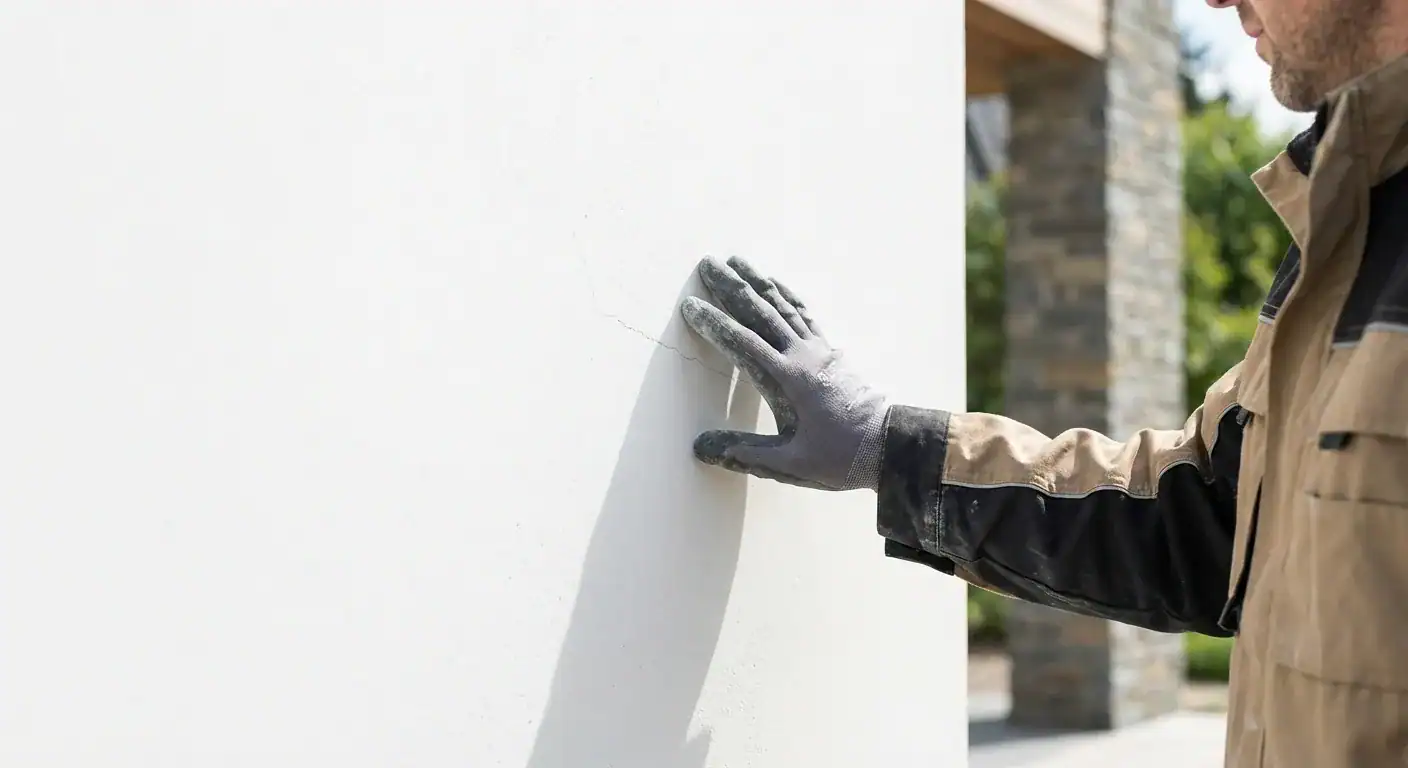Et nærbilde av en hvitpusset murvegg med en liten sprekk som blir inspisert av en profesjonell håndverker.