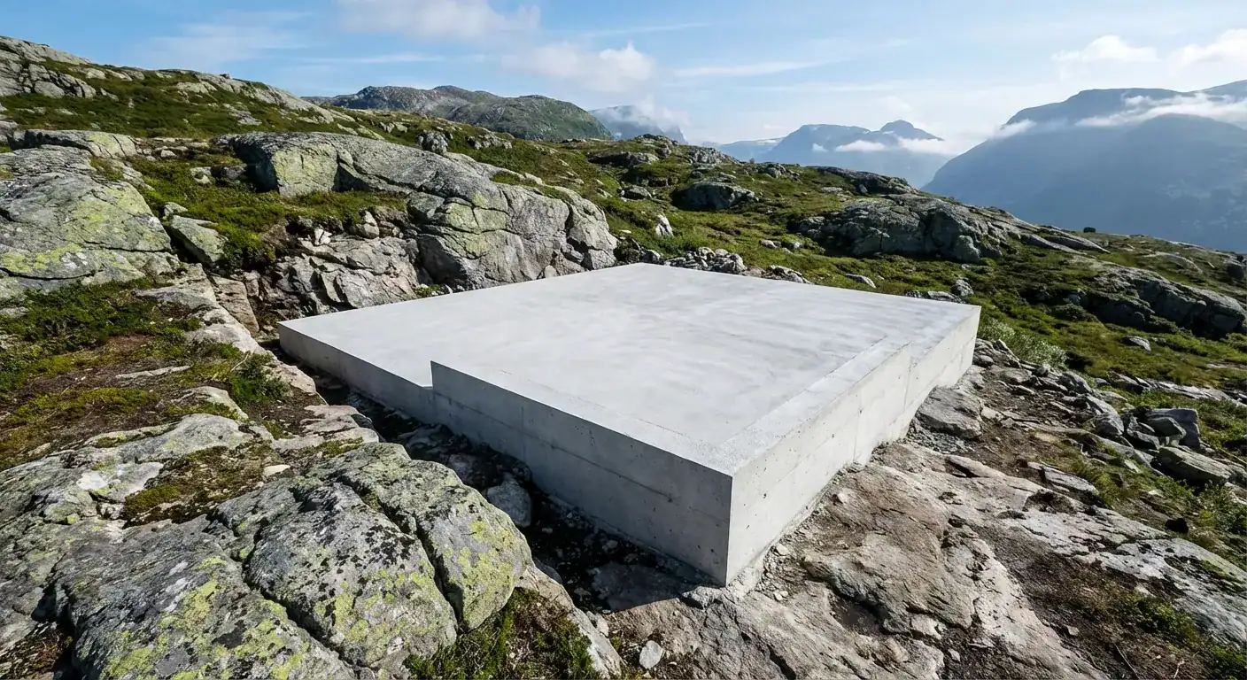 En solid grunnmur i betong ferdig støpt i et kupert fjellandskap