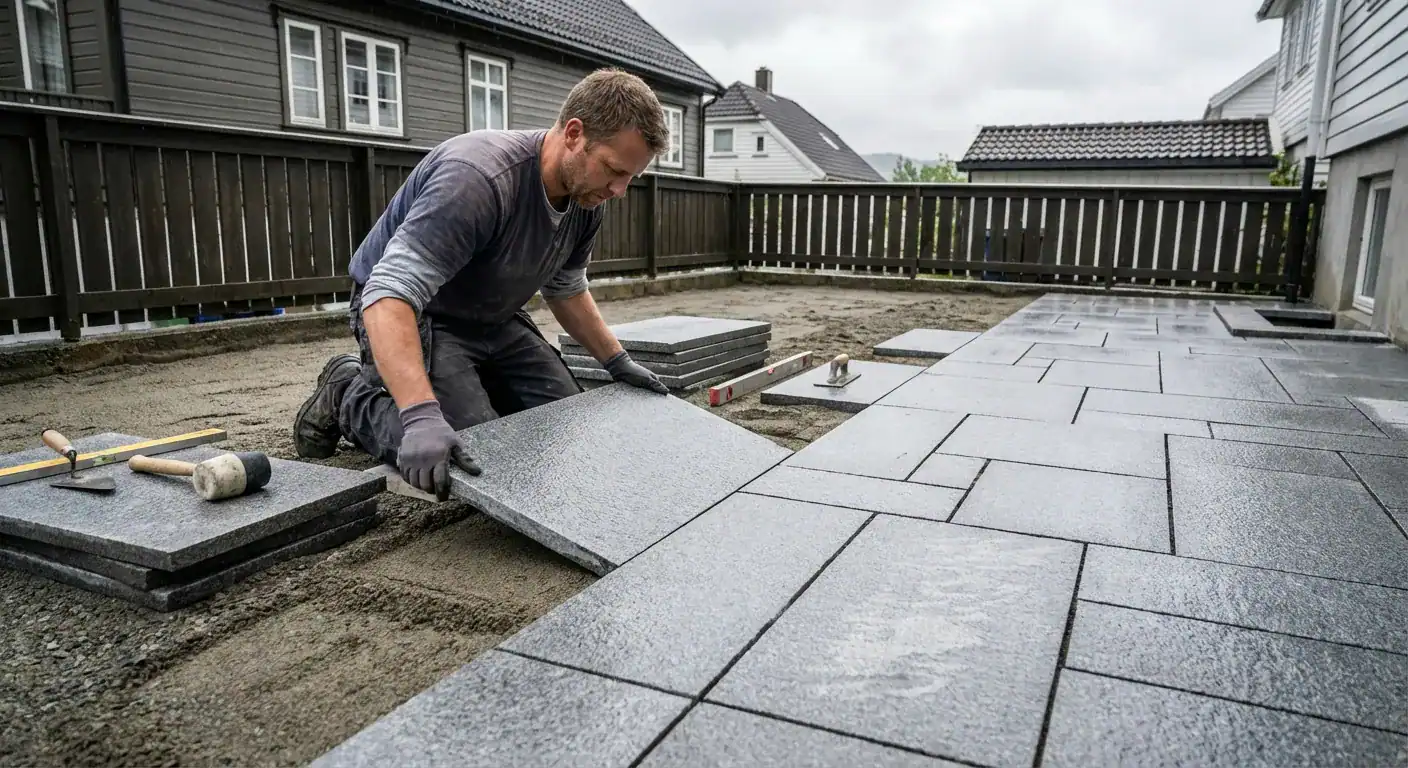 En profesjonell murer som legger granittheller i et presist mønster på en gårdsplass