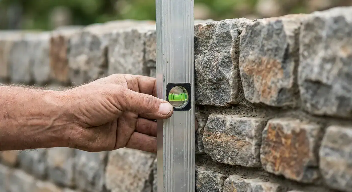 Et nærbilde av en murerhånd som bruker et vater for å sjekke at en nylagt rad med naturstein er perfekt i lodd