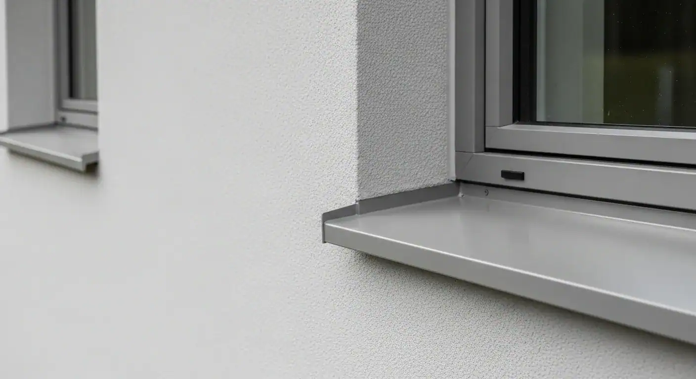 En detaljtegning som viser korrekt utførelse av dryppnese og vindusbeslag mot pusset fasade.