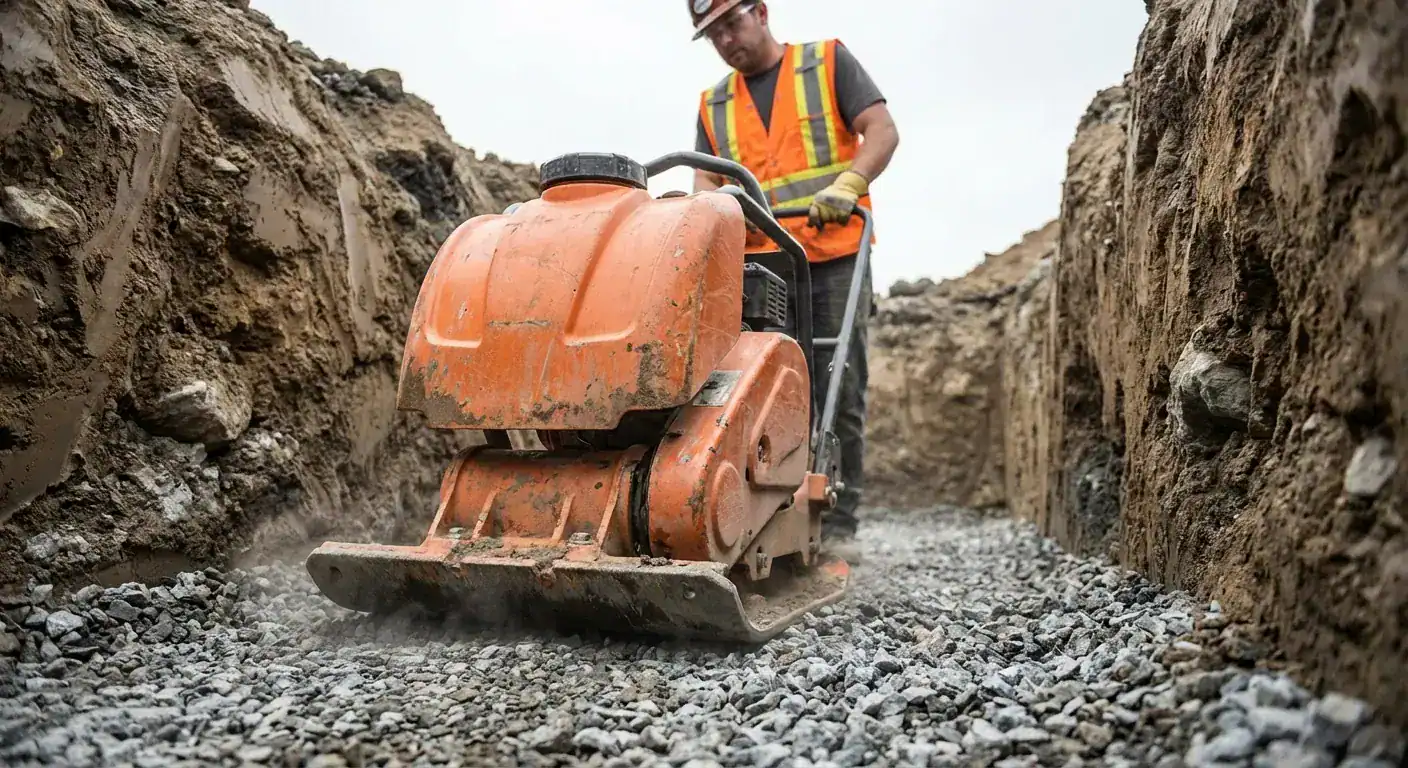 En anleggsarbeider som bruker en vibroplate for å komprimere pukk i en dyp grøft