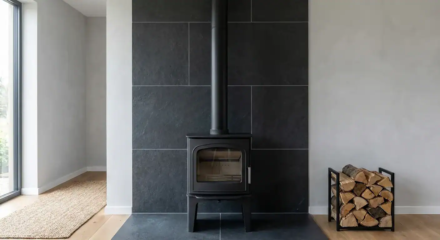 En nøyaktig utført brannmur med mørke fliser bak en moderne peisovn i en stue