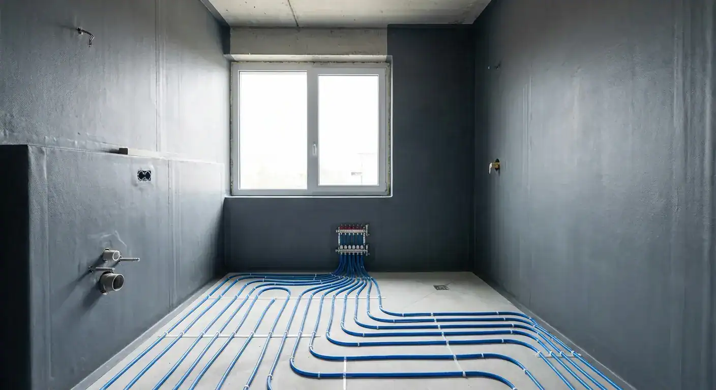 Et moderne baderom under konstruksjon med grå membran på veggene og nylagt rørleggerarbeid i gulvet