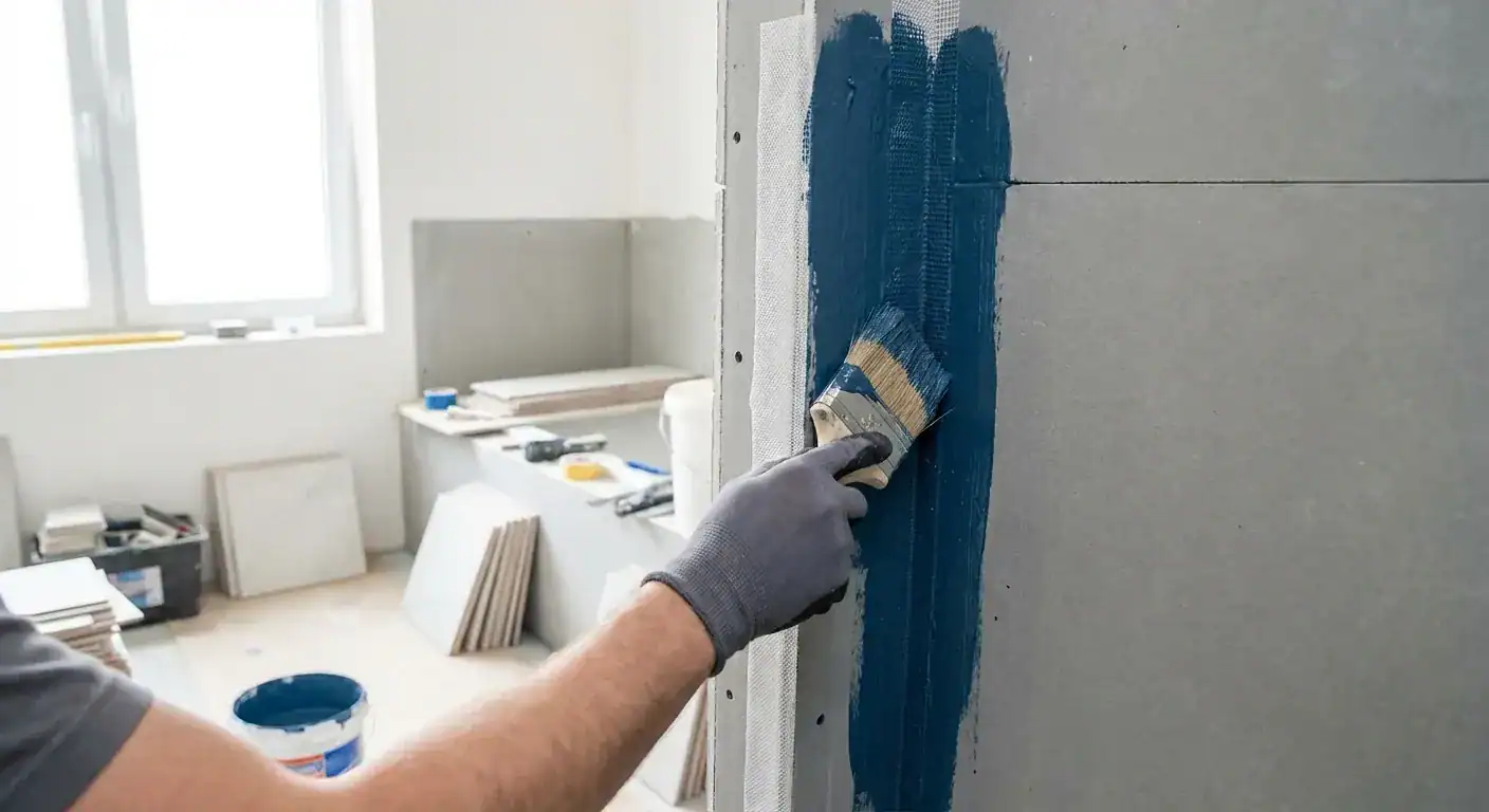 En faglært håndverker som nøyaktig påfører blå smøremembran i et hjørne på et baderom