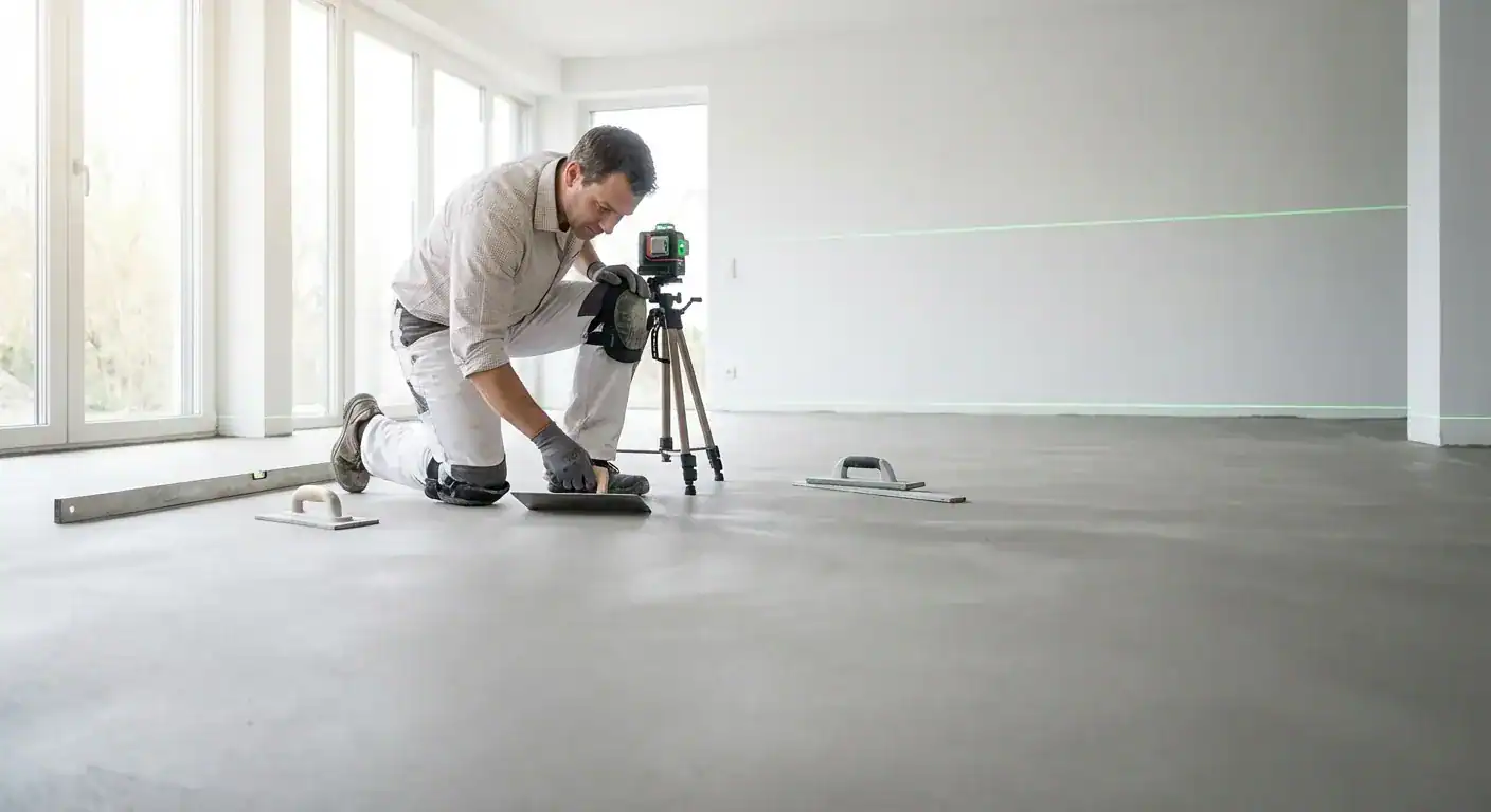 A professional mason using a laser level to ensure a perfectly flat concrete floor surface in a modern living room
