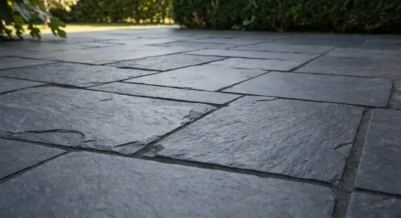 Nærbilde av ferdig fugede skiferheller i et harmonisk mønster på en hageterrasse