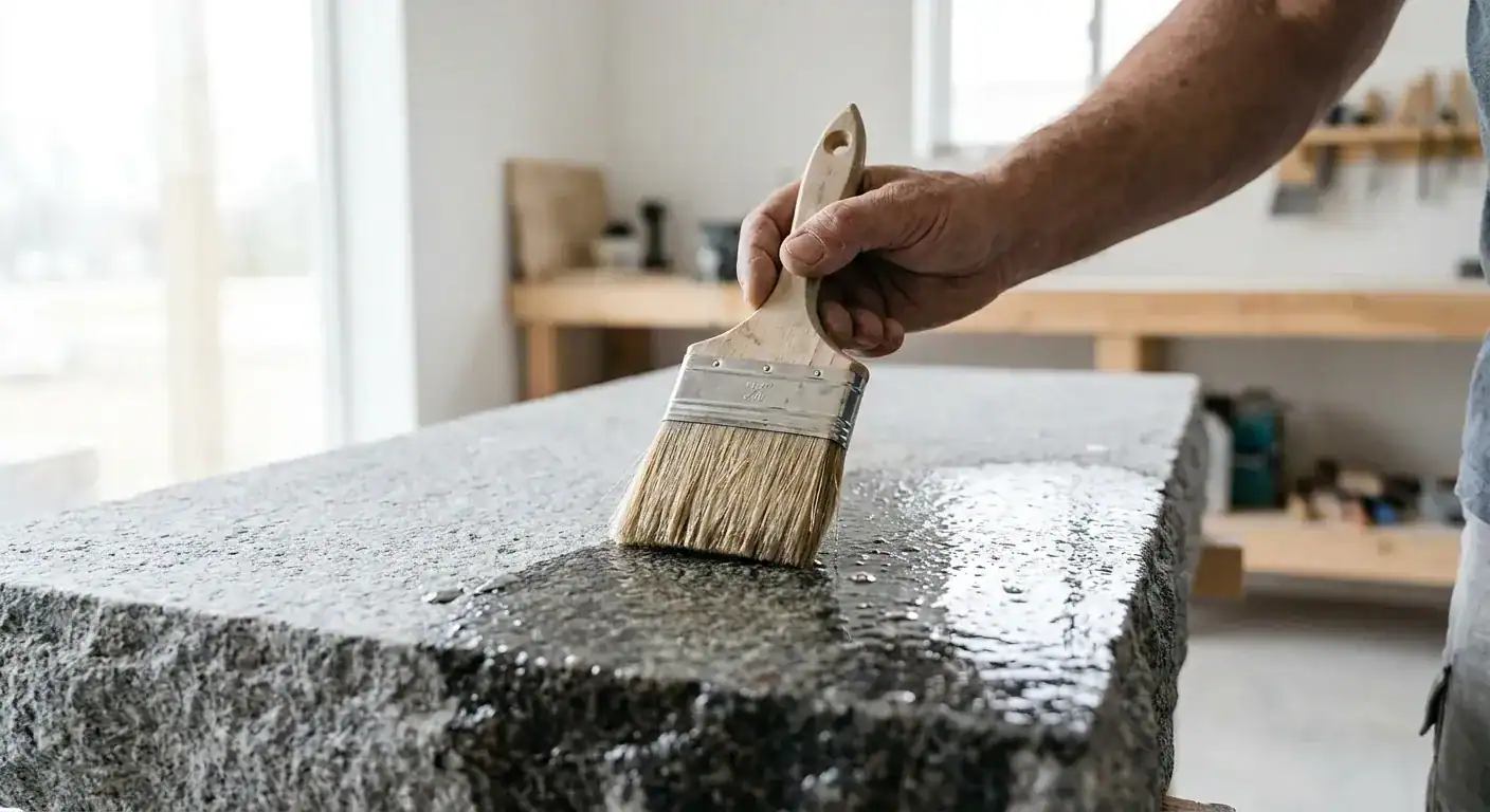 A craftsman applying a protective liquid sealer to a granite surface with a professional brush