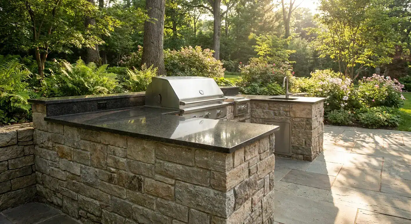 A finished outdoor kitchen with a dark granite countertop and integrated grill in a lush garden setting