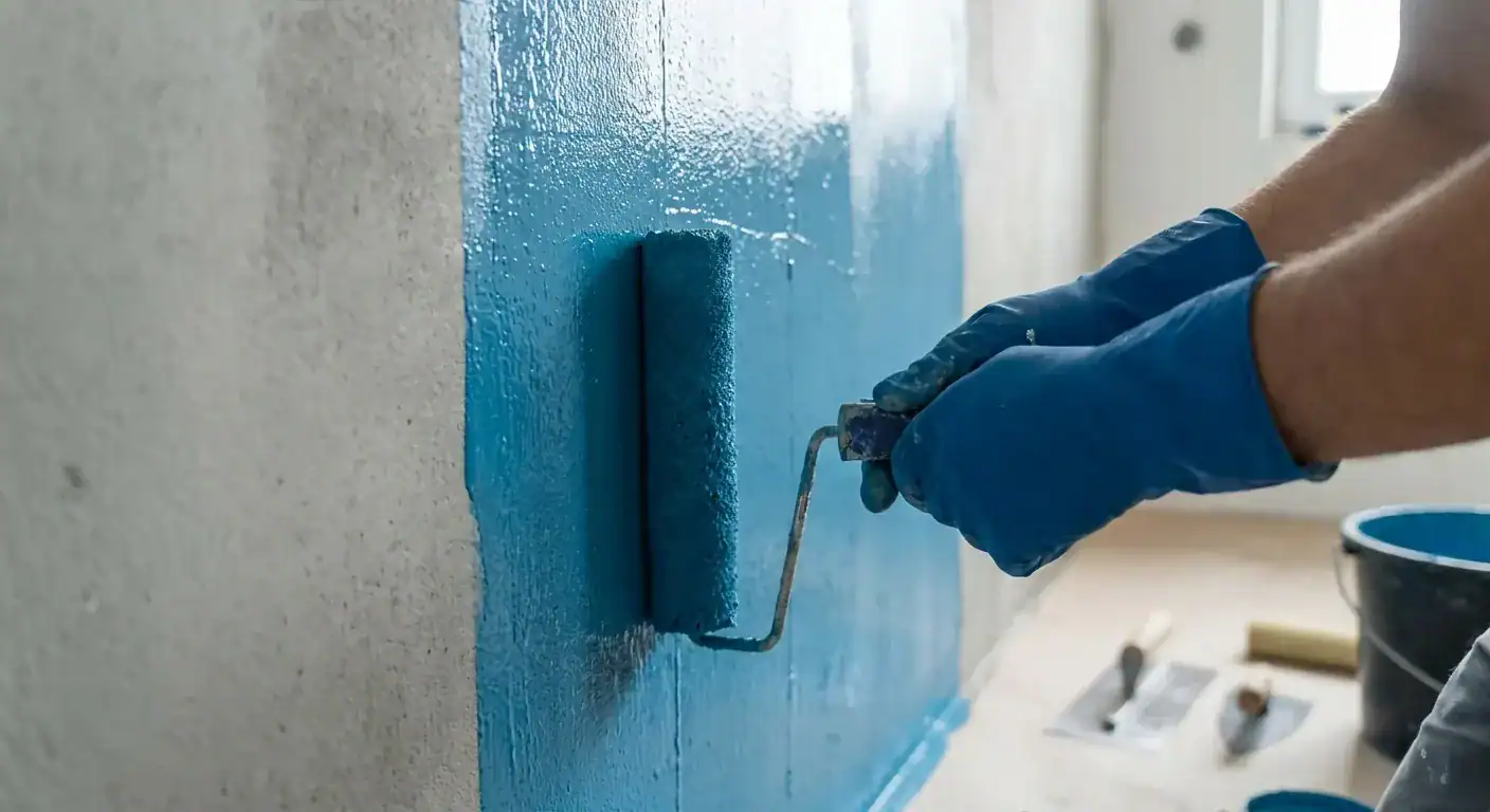 A professional mason applying a thick layer of blue waterproofing membrane