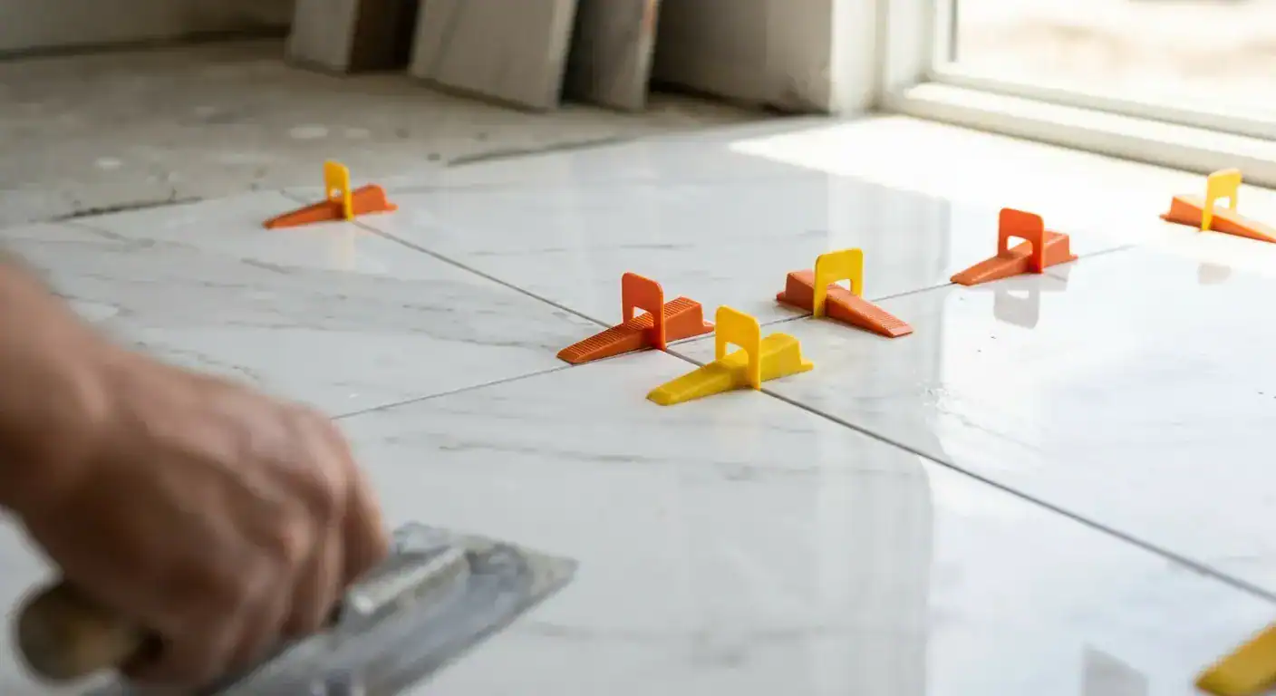 A close-up of plastic leveling clips between two large marble-patterned tiles on a bathroom floor