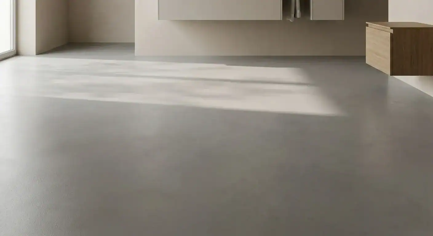 A clean, minimalist bathroom floor with a matte grey finish and no grout lines