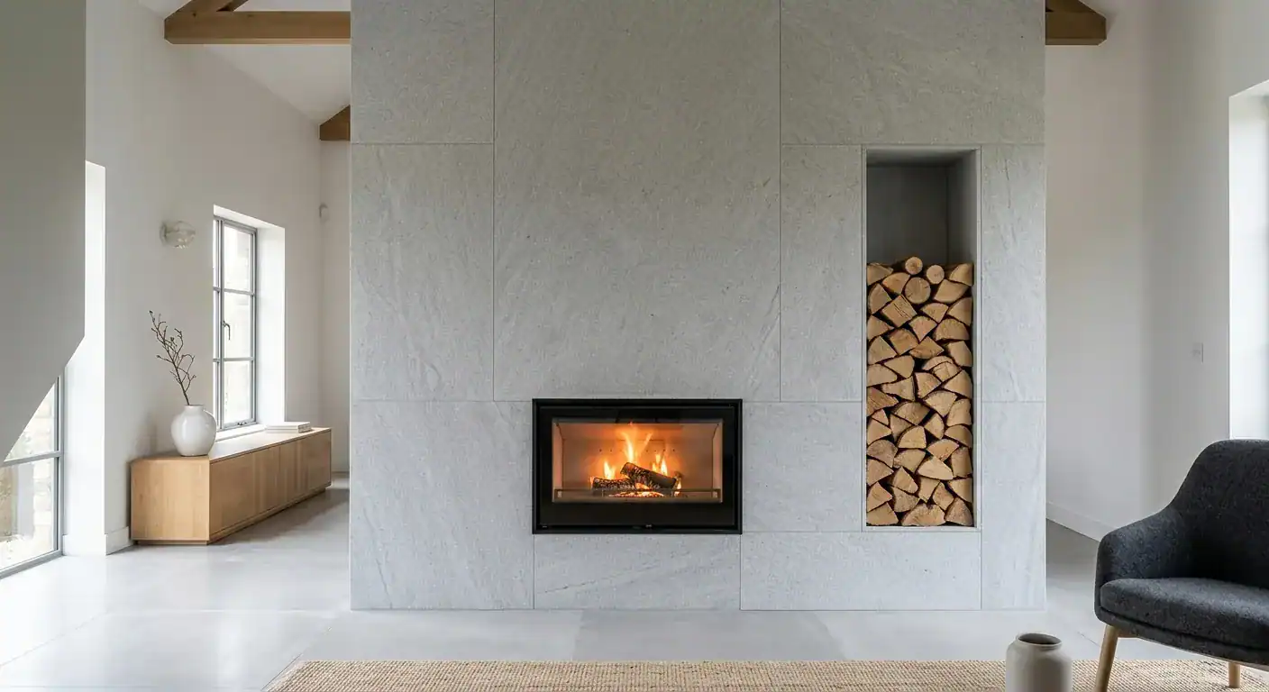 A minimalist floor-to-ceiling fireplace feature wall clad in large, light grey honed granite panels, with a flush-mounted rectangular glass wood burner and neat built-in wood storage niche containing stacked firewood