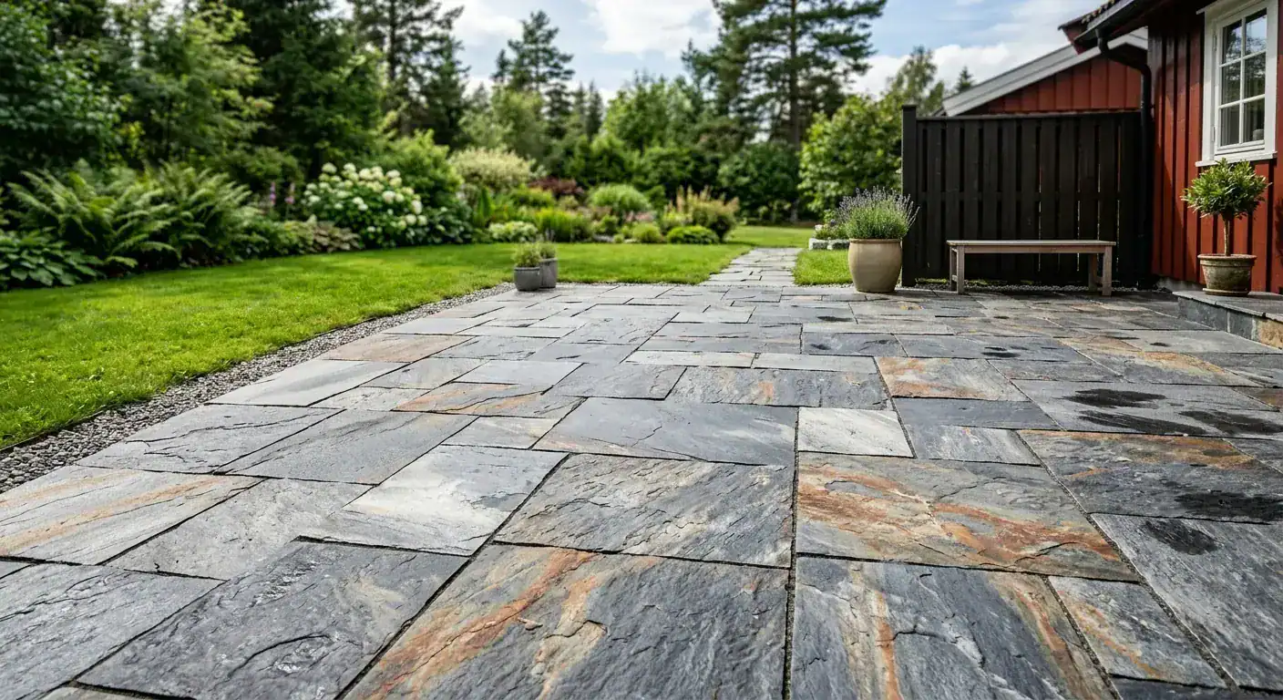 An outdoor patio paved with natural Norwegian slate, showing the varied grey and rust tones of the stone integrated into a green garden landscape