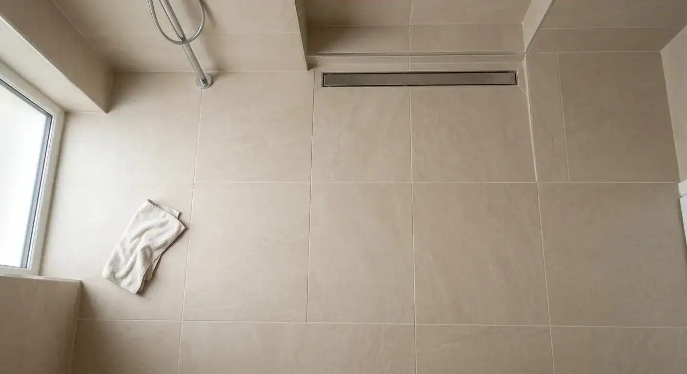 A beautifully finished, bright bathroom featuring large-format beige tiles on both floor and walls with color-matched grout, a wall-mounted vanity, and a seamless linear drain along the wall