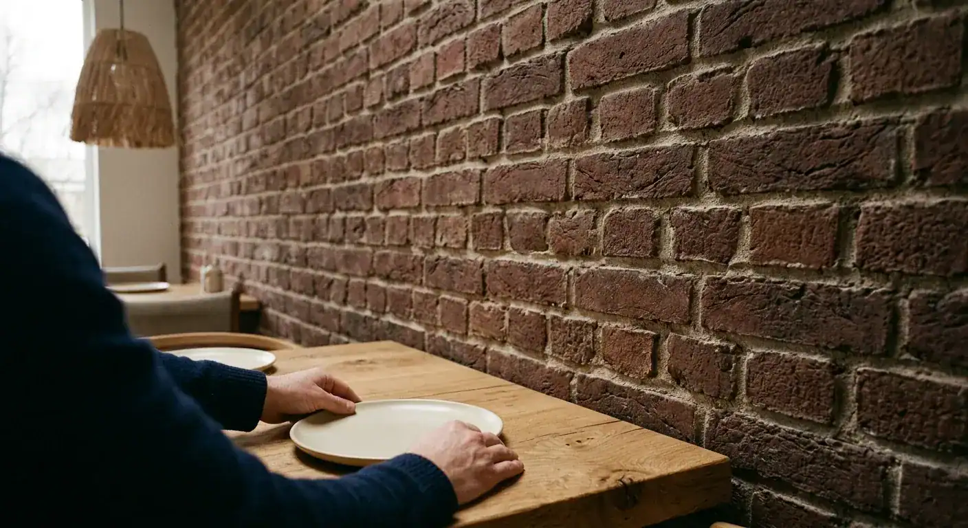 En koselig spisestue med en rå, ubehandlet teglsteinsvegg som danner bakgrunnen for et minimalistisk spisebord i tre