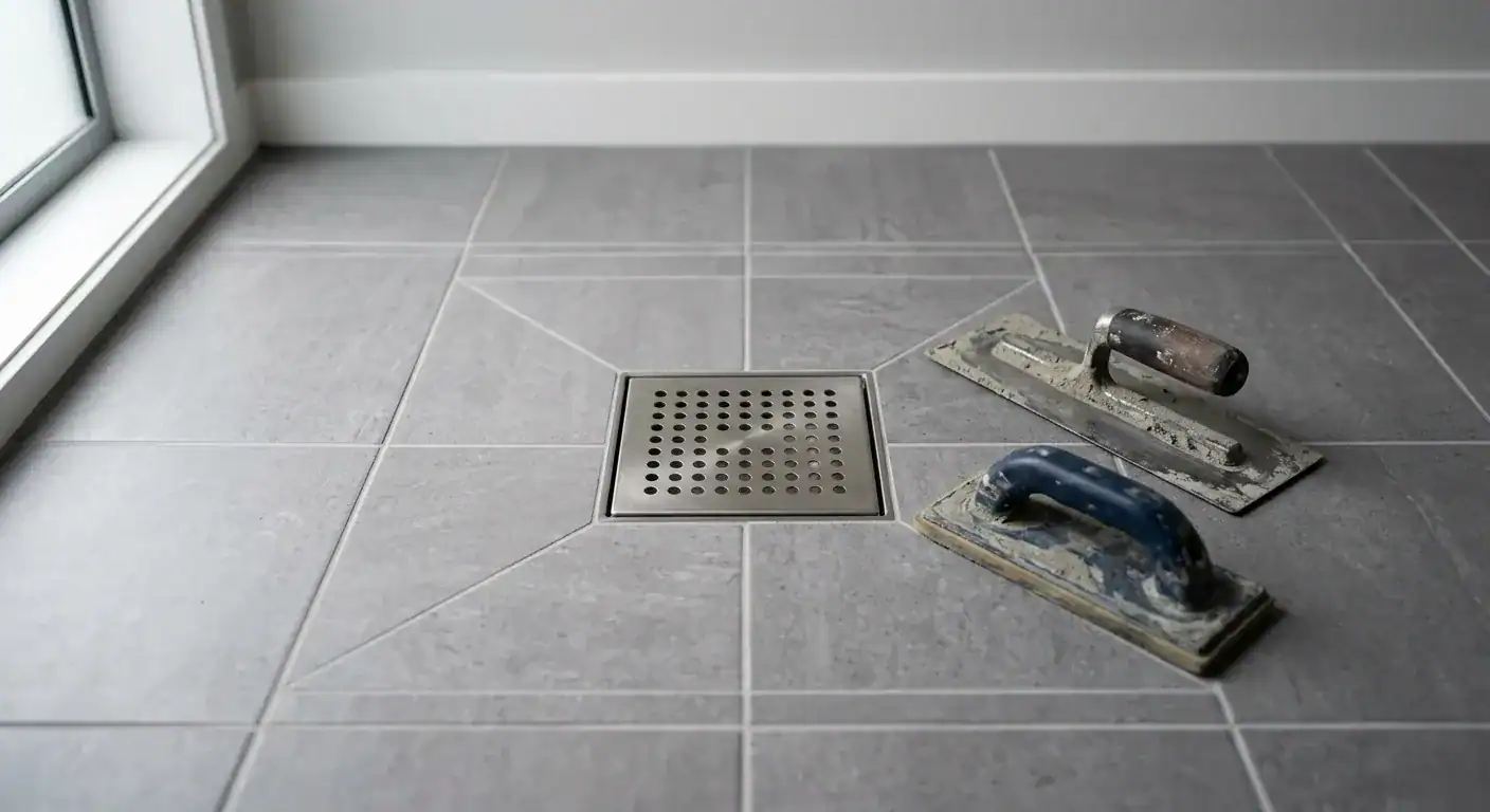 Nærbilde av grå fliser med perfekt jevne fuger rundt et moderne sluk i rustfritt stål