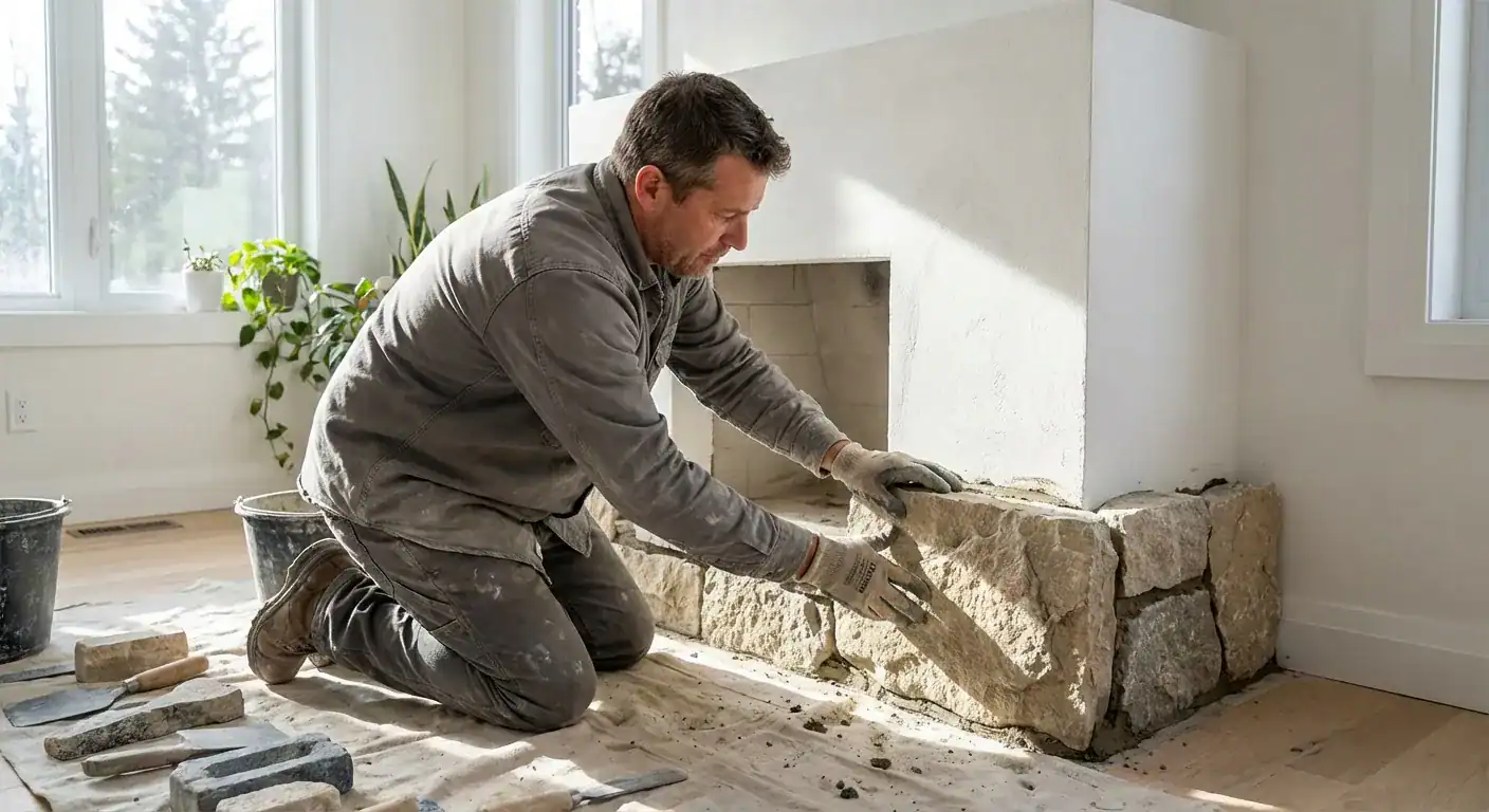 En faglært murer som nøyaktig tilpasser steinplater rundt fundamentet til en ny ovn